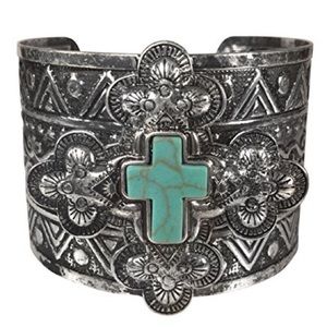 Wide Western Tribal Style Turquoise Cross Silver Cuff Bracelet